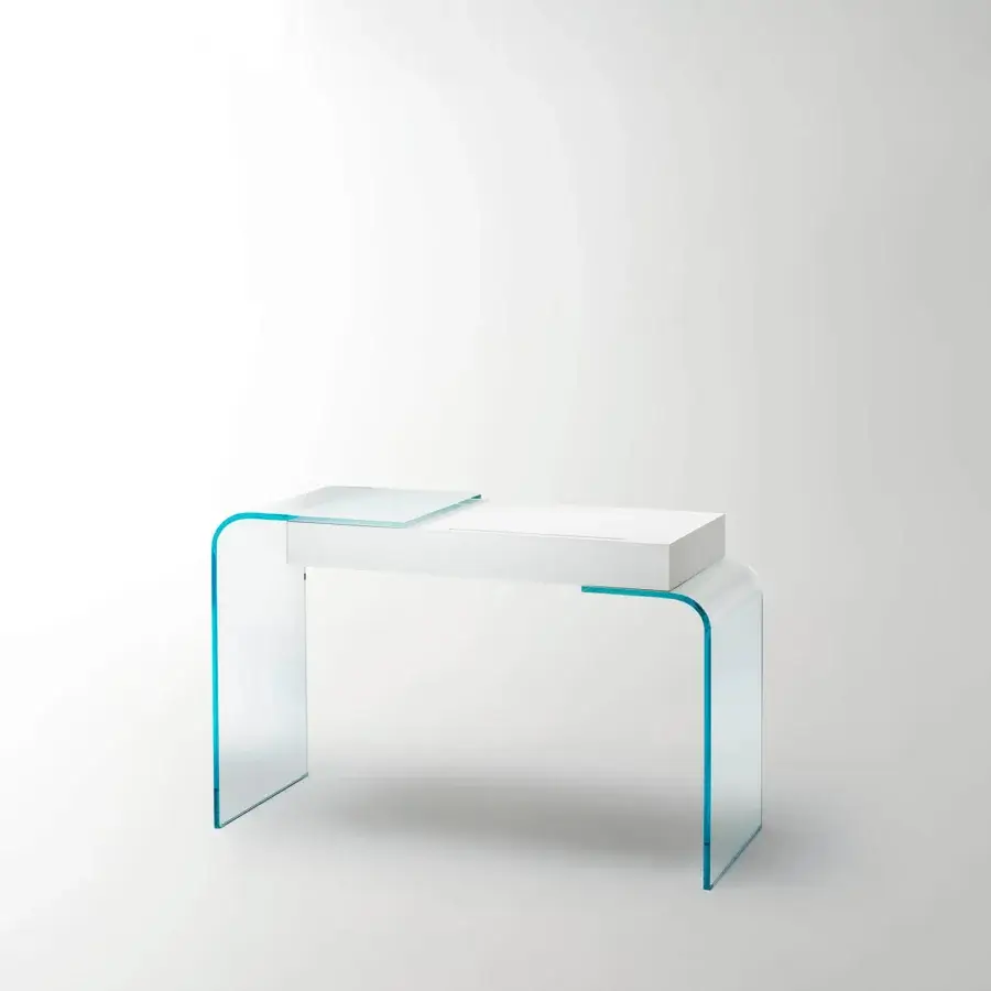 Distinguished Glas Italia Strata desk crafted in extralight glass with bright blue edges and glossy white tabletop finish