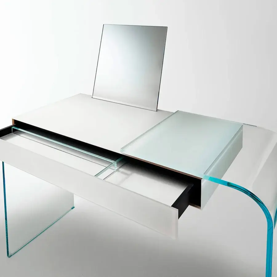 Elegant Glas Italia Strata desk built in extralight glass with a glossy lacquered finish and striking blue accent