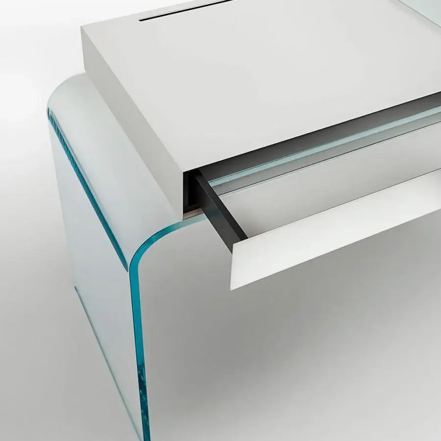 Distinguished Glas Italia Strata desk crafted in glossy lacquered extralight glass with light blue edges and integrated drawer