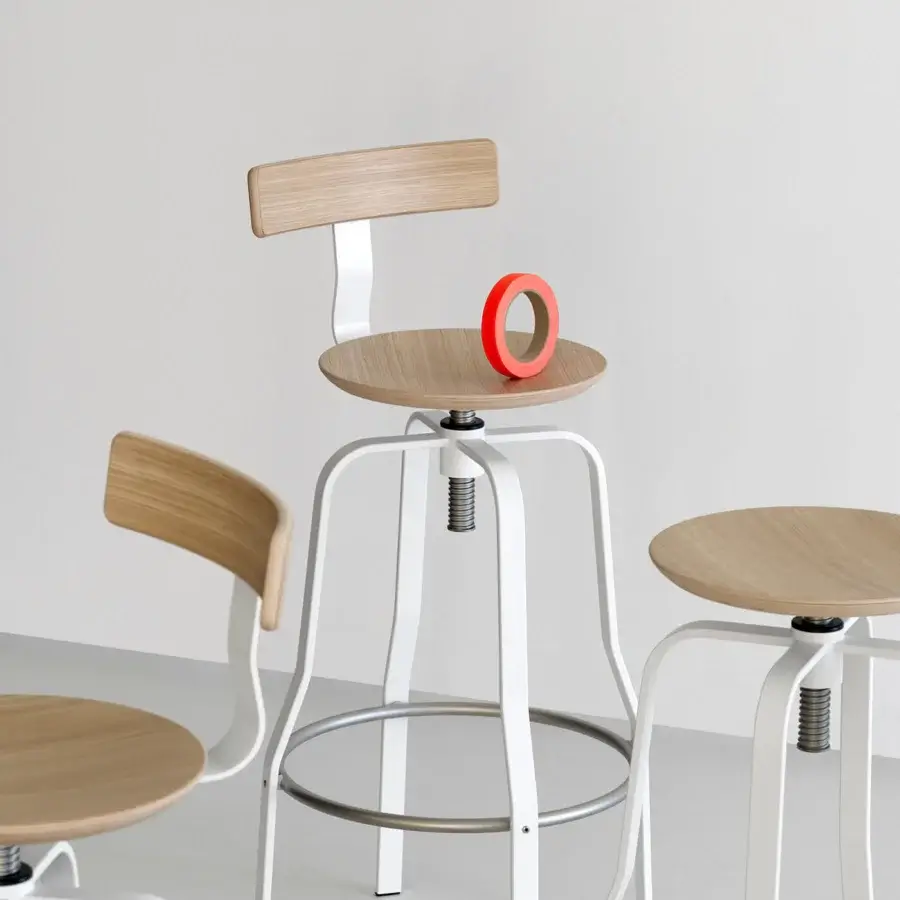 Distinguished Lapalma Giro stool in light-toned wood and white satin metal, crafted with an adjustable height and cylindrical form