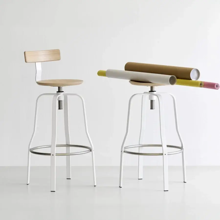 Exceptional Lapalma Giro stool with matte white metal and natural wood, exhibiting subtle grain with a curved backrest crafted in Italy