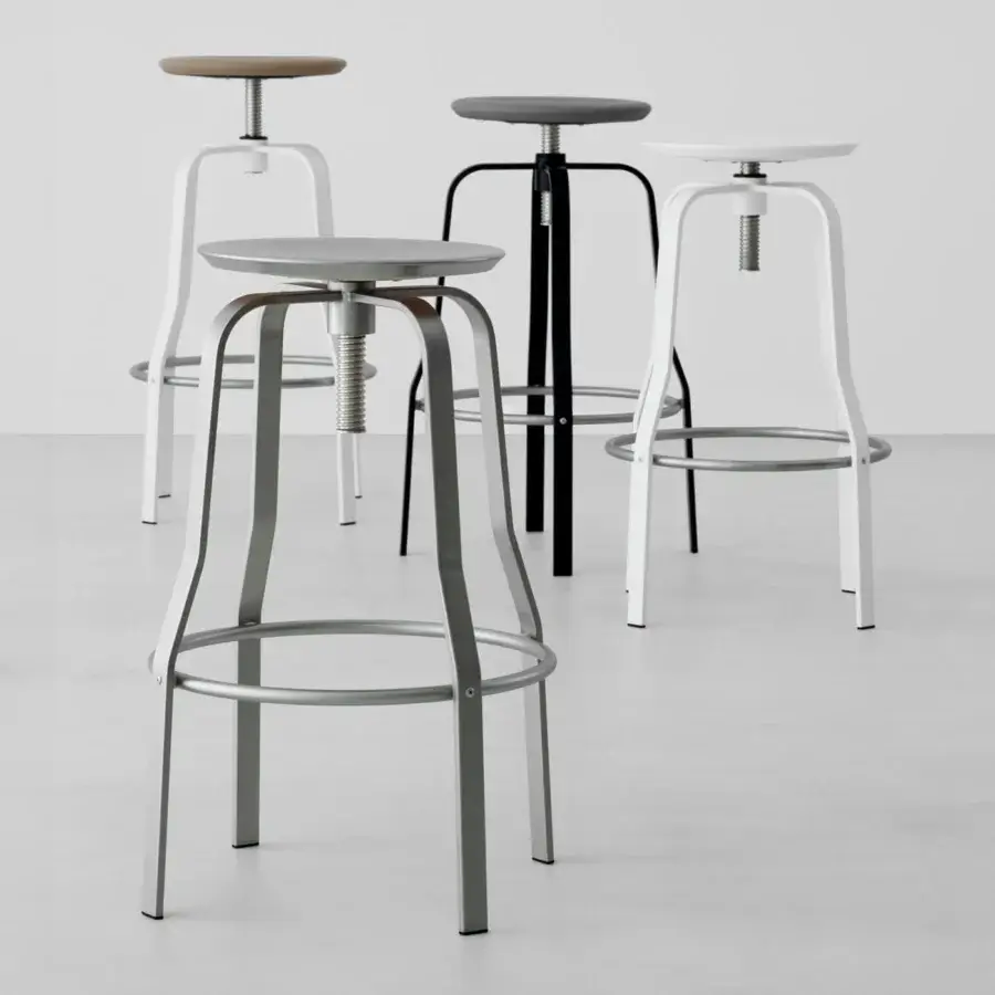Elegant Lapalma Giro stool in light gray with a textured matte seat and visible threaded rod mechanism