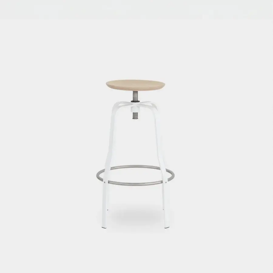 Exceptional Lapalma Giro stool crafted in Italy with matte white metal and a natural wood seat offering functional height adjustability