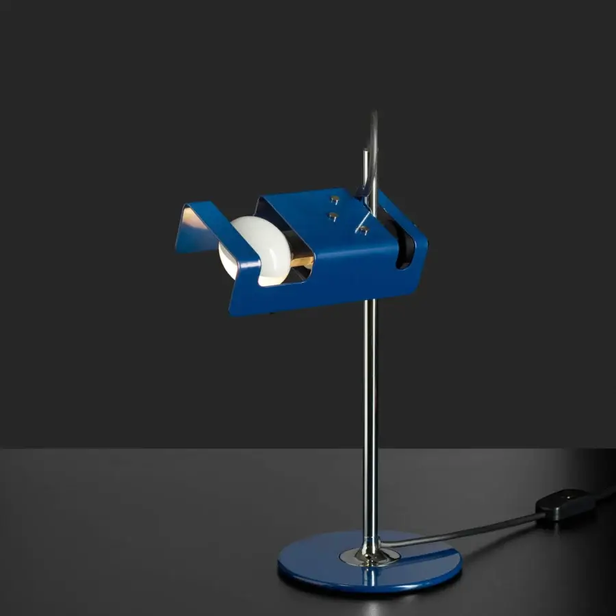 Superior Oluce Spider & Spider Mini lamp in blue lacquered metal with polished silver-toned stem and adjustable reflector