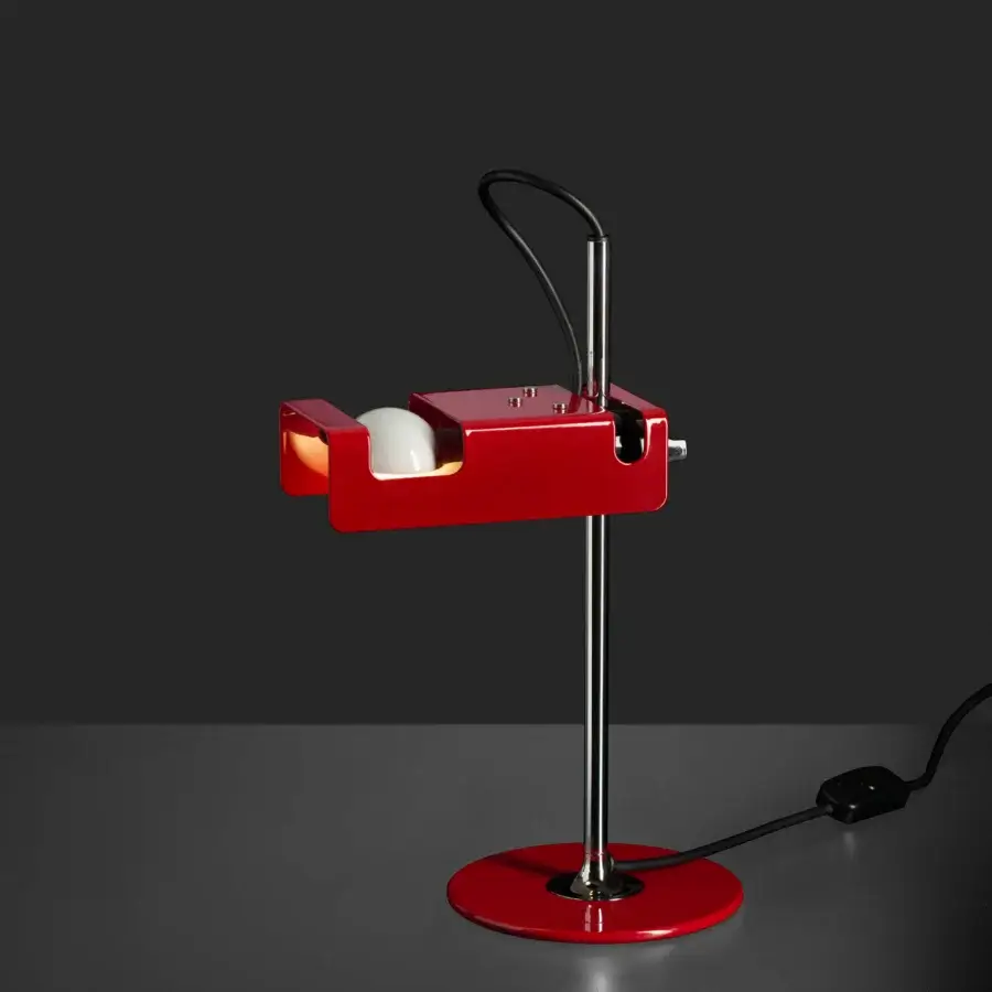 Elegant Oluce Spider & Spider Mini lamp in vibrant red fire-painted metal with a chromed vertical stem and glossy sheen