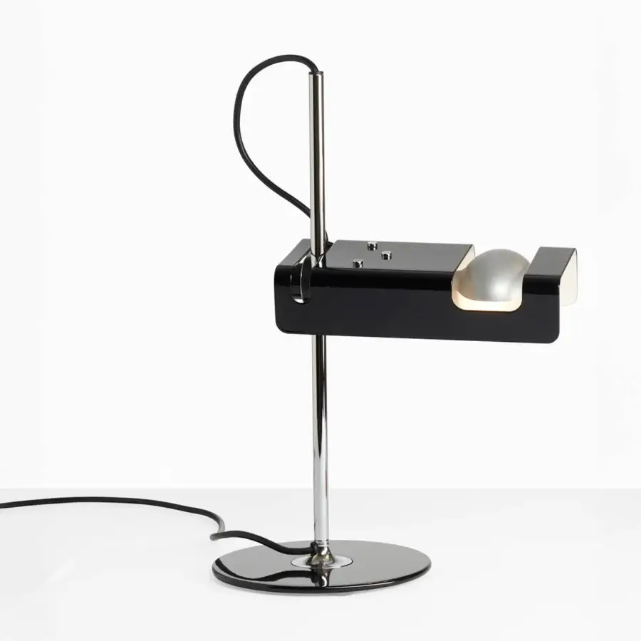 Superior Oluce Spider & Spider Mini lamp with glossy black fire-painted metal and chromed vertical stem base