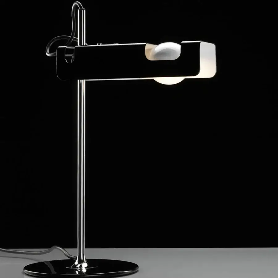 Elegant Oluce Spider & Spider Mini lamp with lacquered base, chromed stem and silver fire-painted metal luminaire with glossy sheen