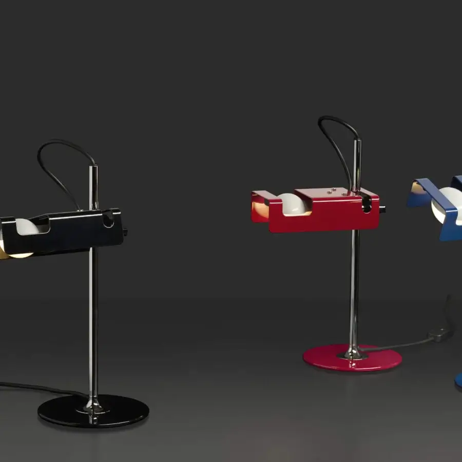 Exclusive Oluce Spider & Spider Mini lamp with red fire-painted metal and silver-toned reflective element within the head