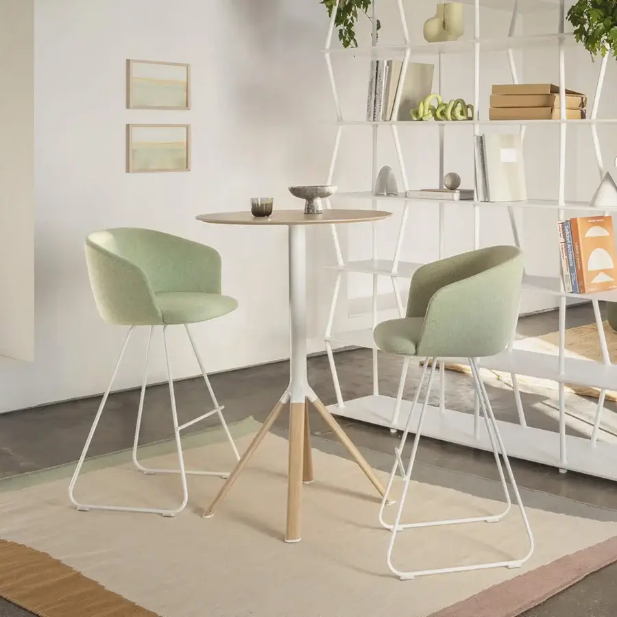 Superior Lapalma Glove stool with pale green textile upholstery and sleek white metal base crafted with a rigid polyurethane shell