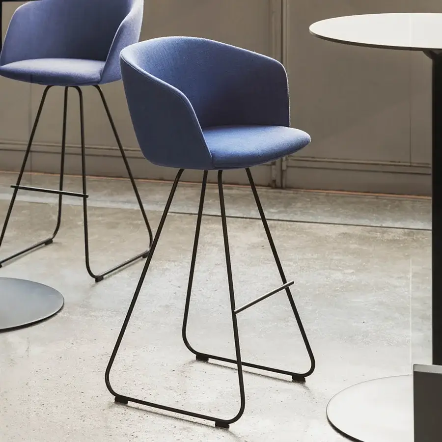 Exceptional Lapalma Glove stool with enveloping fully upholstered seat in matte blue textile and sleek matte black metal base