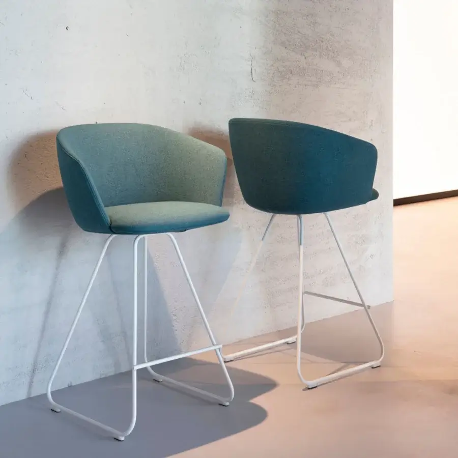 Distinguished Lapalma Glove stool with sculpted fully upholstered seat and satin white metal base in muted teal tone