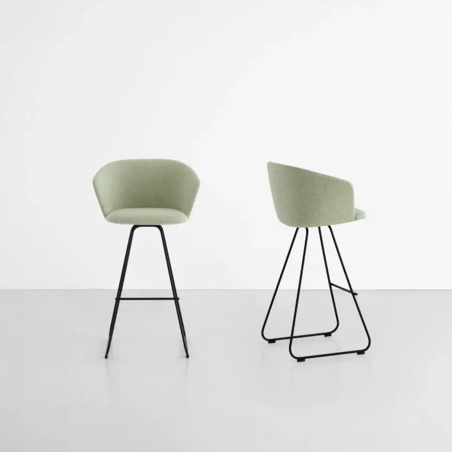 Distinguished Lapalma Glove stool with uniquely shaped fully upholstered seat in textured sage green textile and sleek black metal base