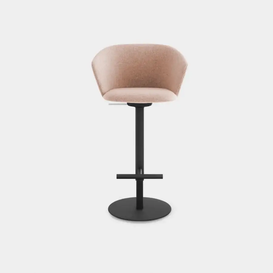 Superior Lapalma Glove stool with uniquely shaped fully upholstered seat in textured light pinkish-beige textile and matte black metal base
