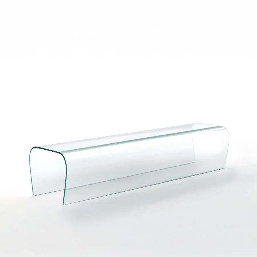Distinguished Glas Italia Bent bench crafted from a single sheet of transparent extralight glass with curved silhouette