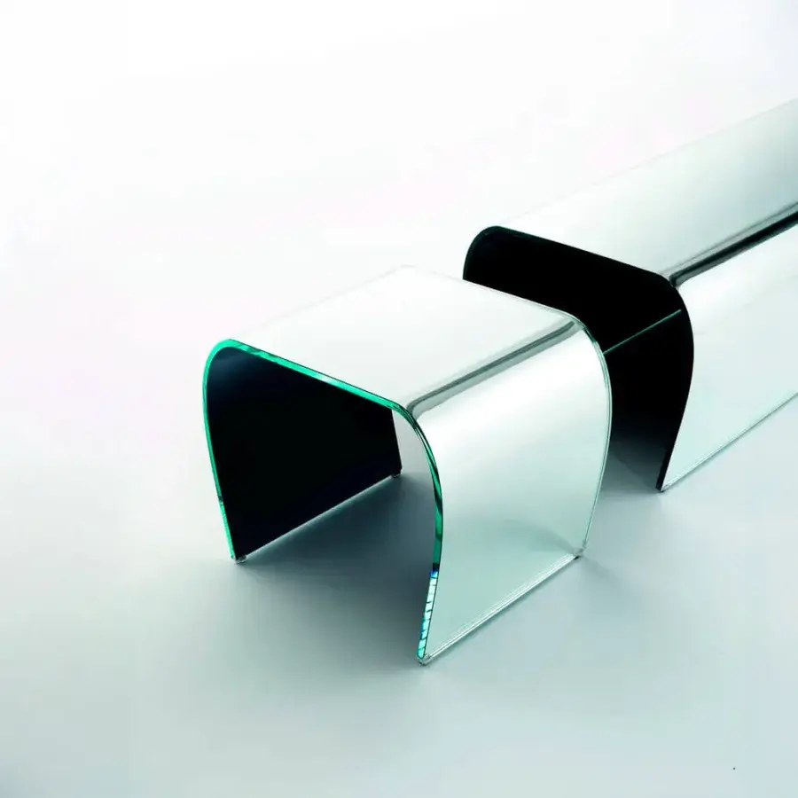 Superior Glas Italia Bent ottoman crafted from a single sheet of transparent extralight glass with a highly glossy silver finish