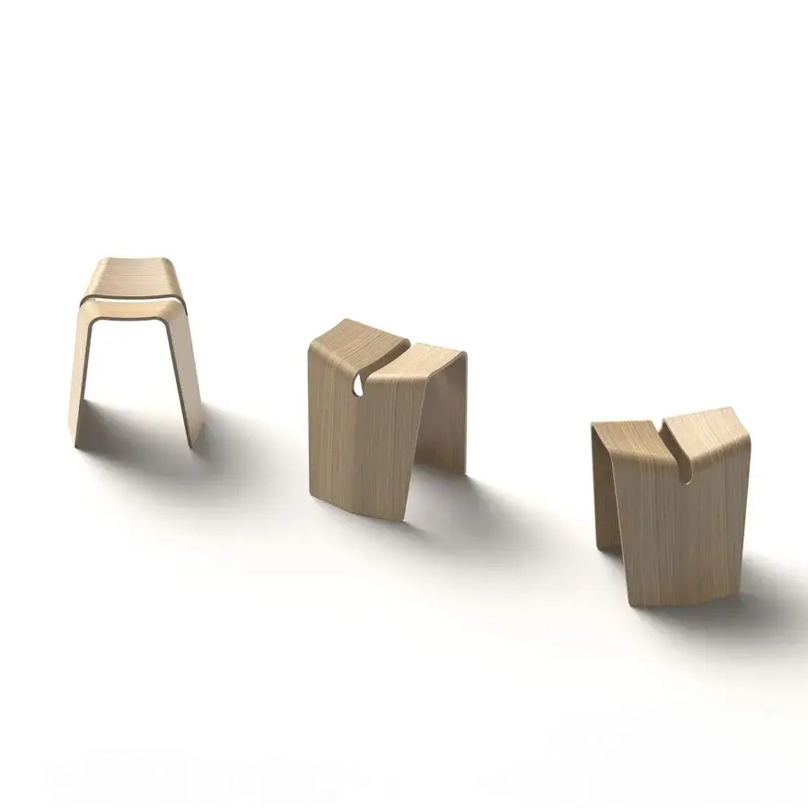 Distinguished Lapalma Kami stool in layered plywood with satin finish and warm beige organic curves