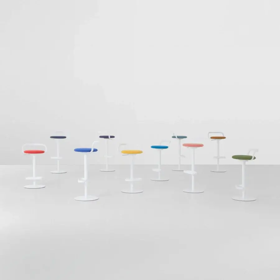 Sophisticated Lapalma Mak stool with a glossy teal curved seat and sleek white metal frame