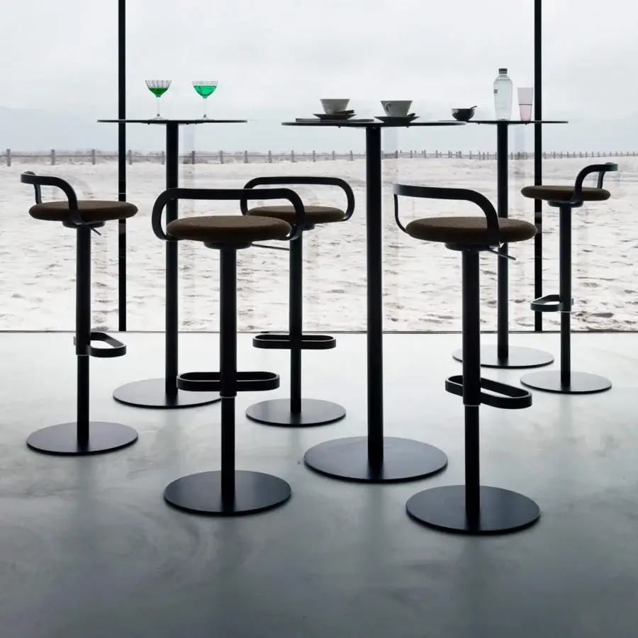 Distinguished Lapalma Mak stool in neutral beige textile upholstery with matte metal frame construction
