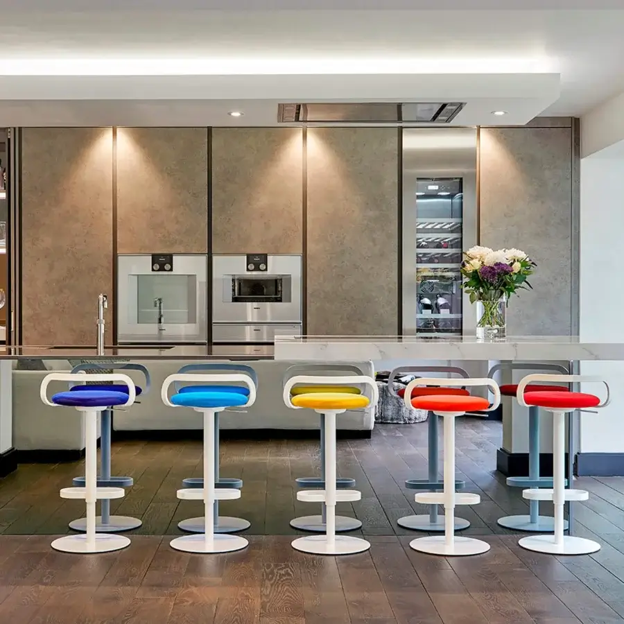 Exceptional Lapalma Mak stool with vibrant orange textile and sleek white satin finish frame and base