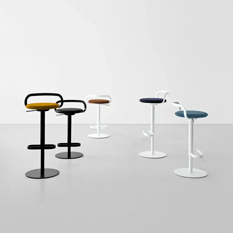 Distinguished Lapalma Mak stool with vibrant yellow molded seat and sleek smooth metal base crafted in Italy