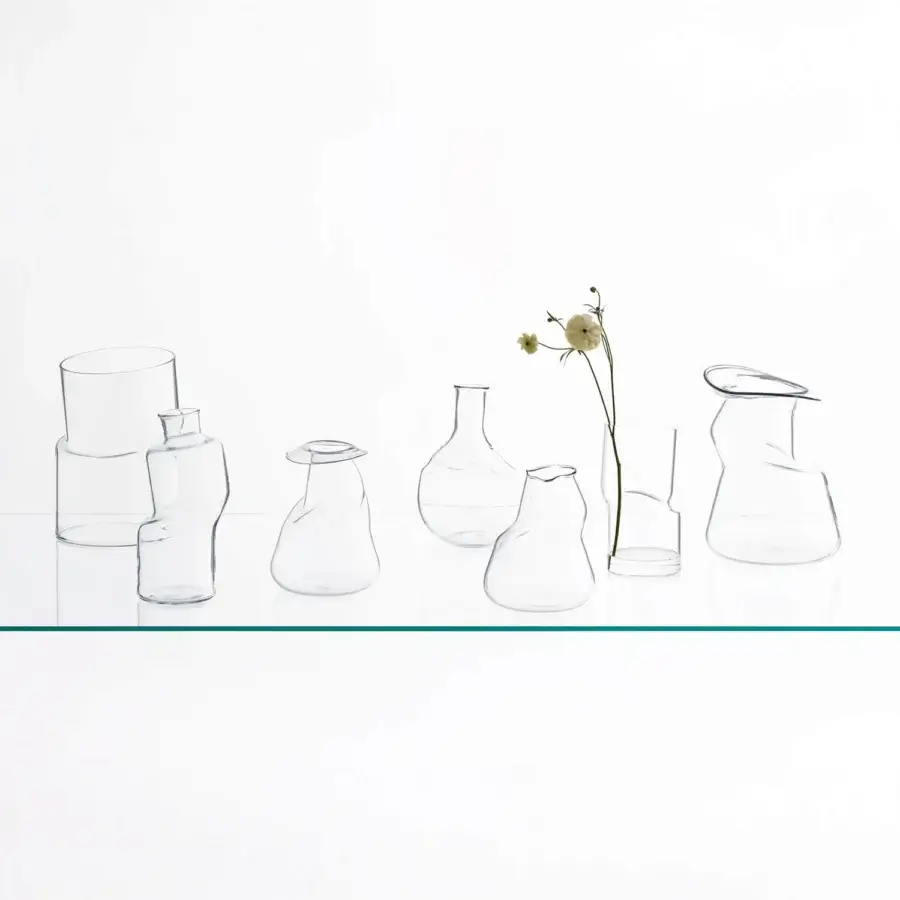 Distinguished Glas Italia Transformer Vase crafted in clear borosilicate glass with intentionally deformed cylindrical shapes