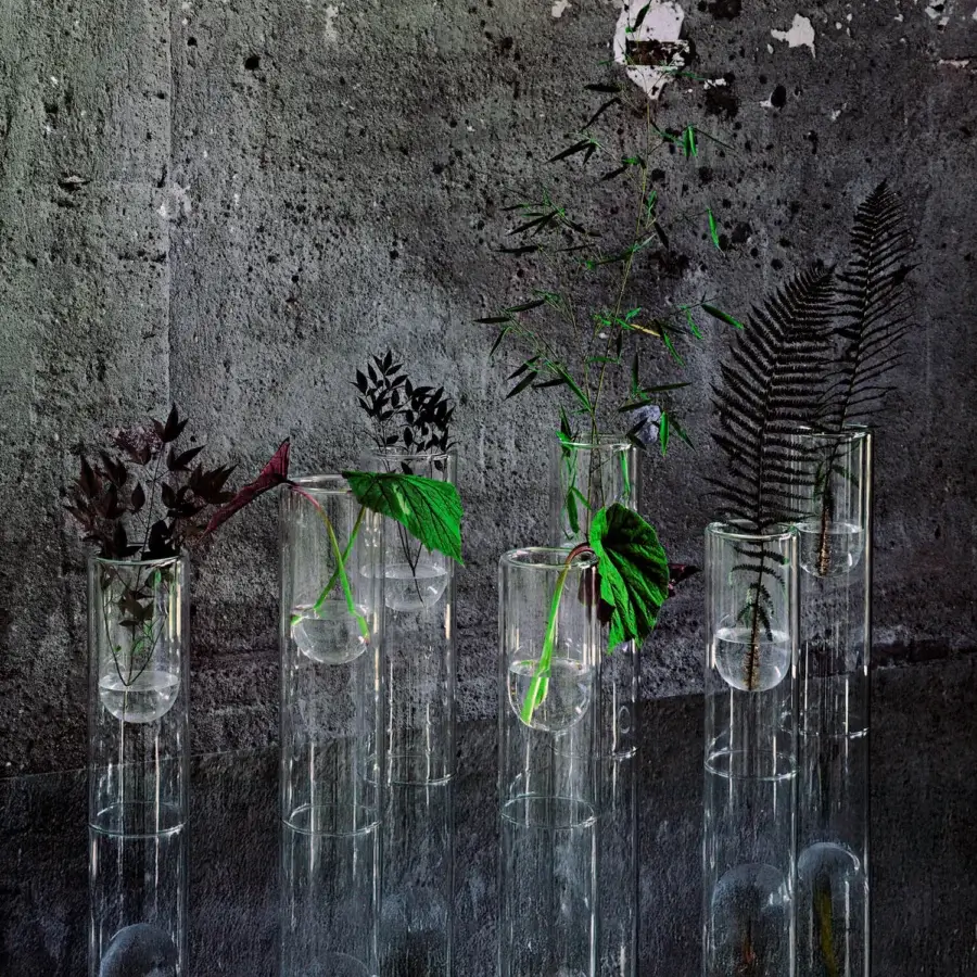 Distinguished Glas Italia Tutube vase crafted in transparent borosilicate glass with a captivating interior concavity and minimalist form
