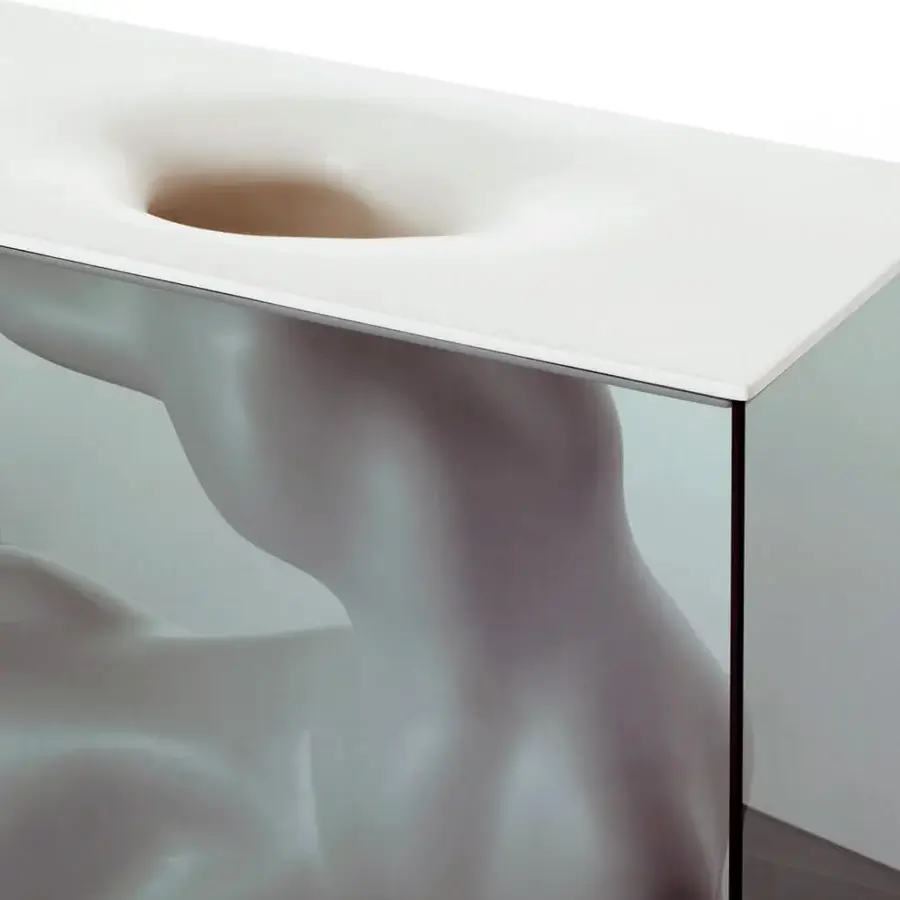Elegant Glas Italia Angelo & Angela vase in pale blue-green glass with opaque white ceramic form and curving silhouette