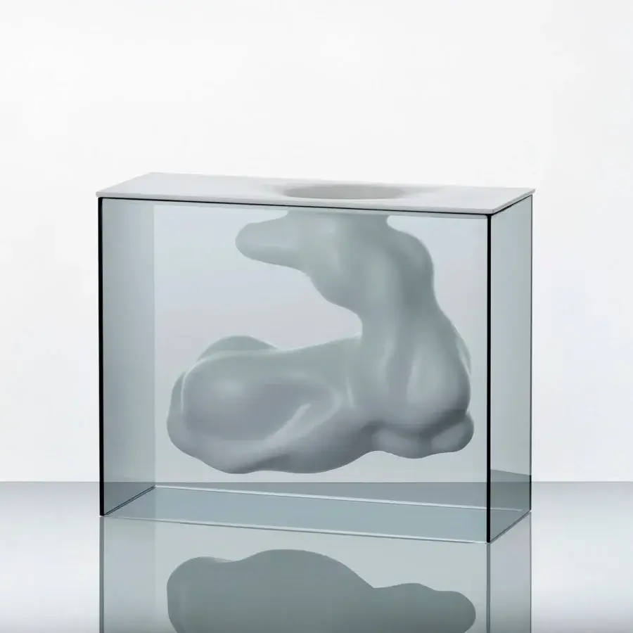 Superior Glas Italia Angelo & Angela vase with pale blue-green glass and opaque white ceramic crafted for floral display