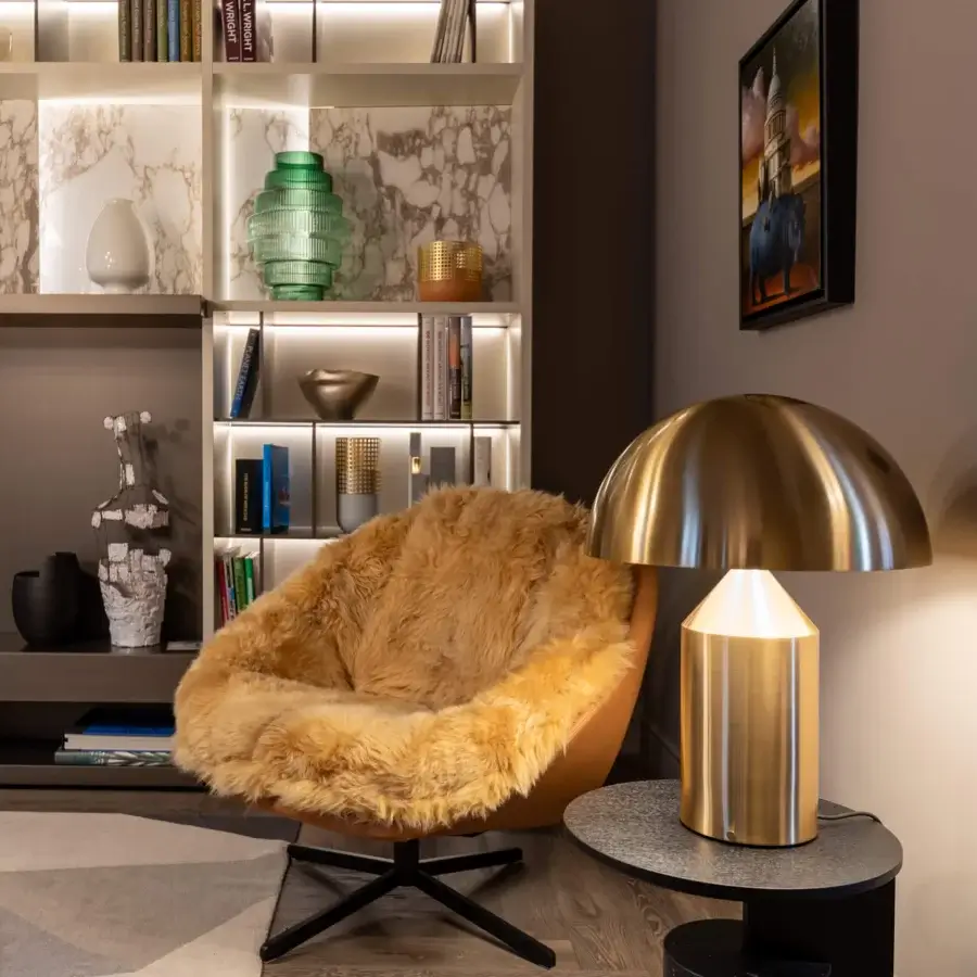 Distinguished Oluce Atollo Metal Table Lamp in warm neutral beige with a glossy polished metal finish