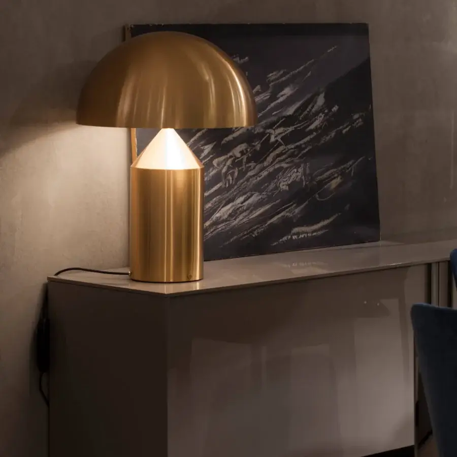 Exclusive Oluce Atollo Metal Table Lamp crafted in polished metal with a warm neutral finish for refined illumination
