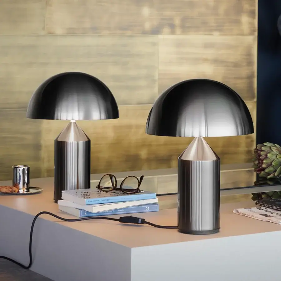 Superior Oluce Atollo Metal Table Lamp crafted in polished metal with a warm neutral white glossy finish