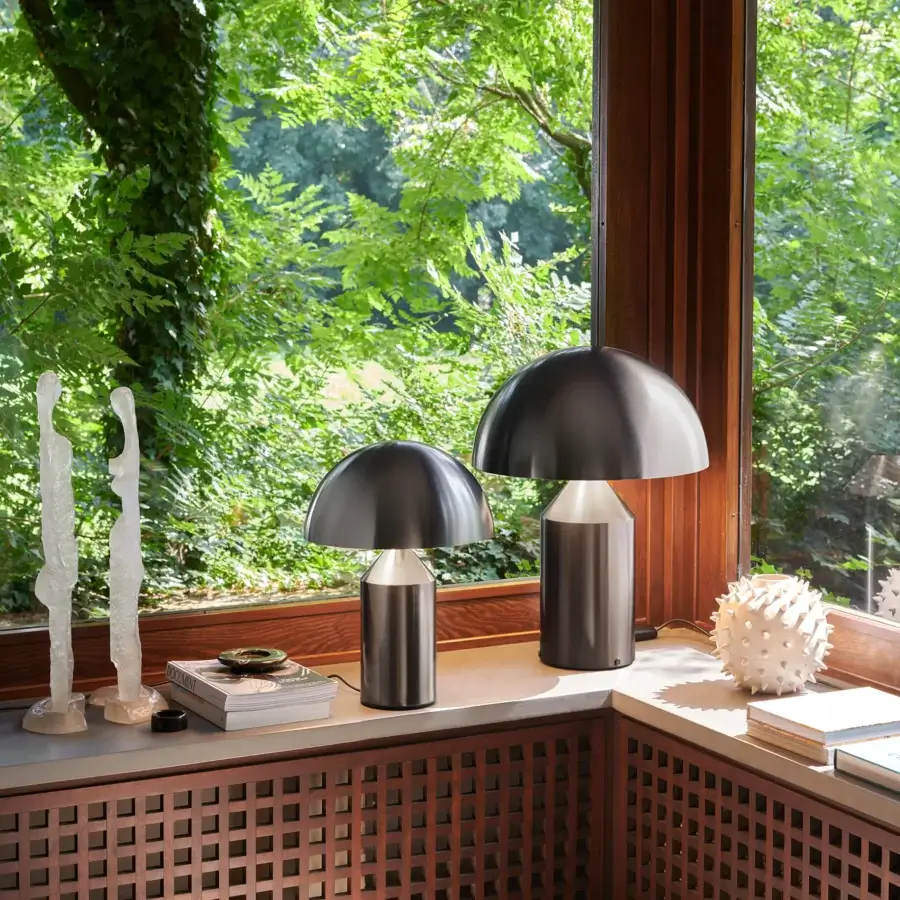 Captivating Oluce Atollo Metal Table Lamp crafted in polished metal with a warm neutral beige glossy finish