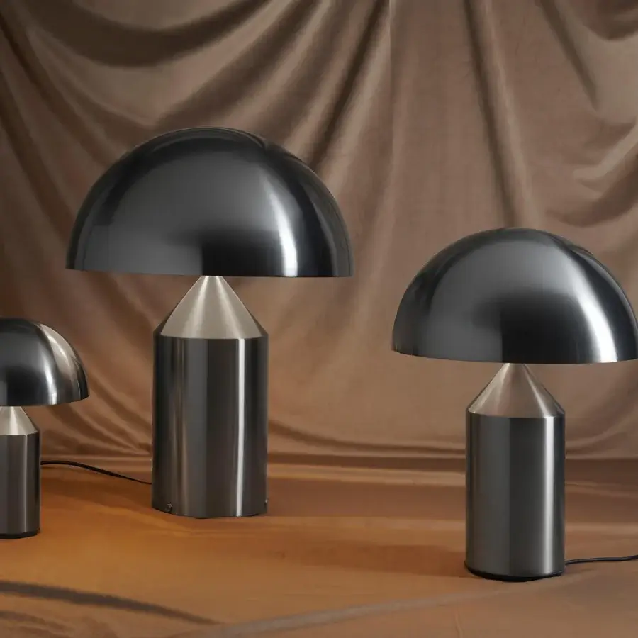 Elegant Oluce Atollo Metal Table Lamp crafted in warm beige metal with a glossy finish and balanced form
