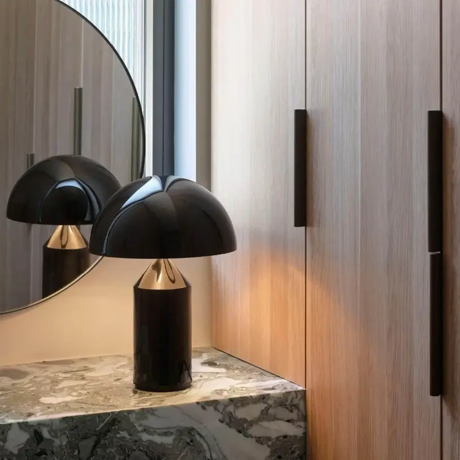 Exceptional Oluce Atollo Metal Table Lamp crafted in warm light gold toned metal with a glossy finish