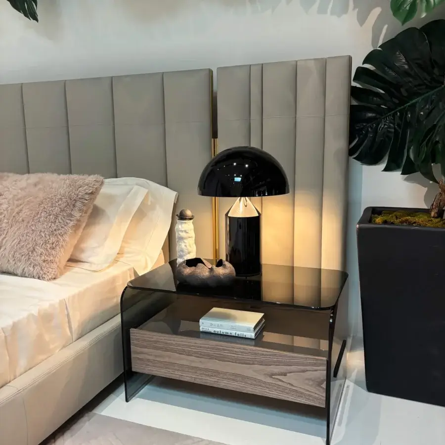 Exceptional Oluce Atollo Metal Table Lamp crafted in warm neutral beige with a glossy polished metal finish