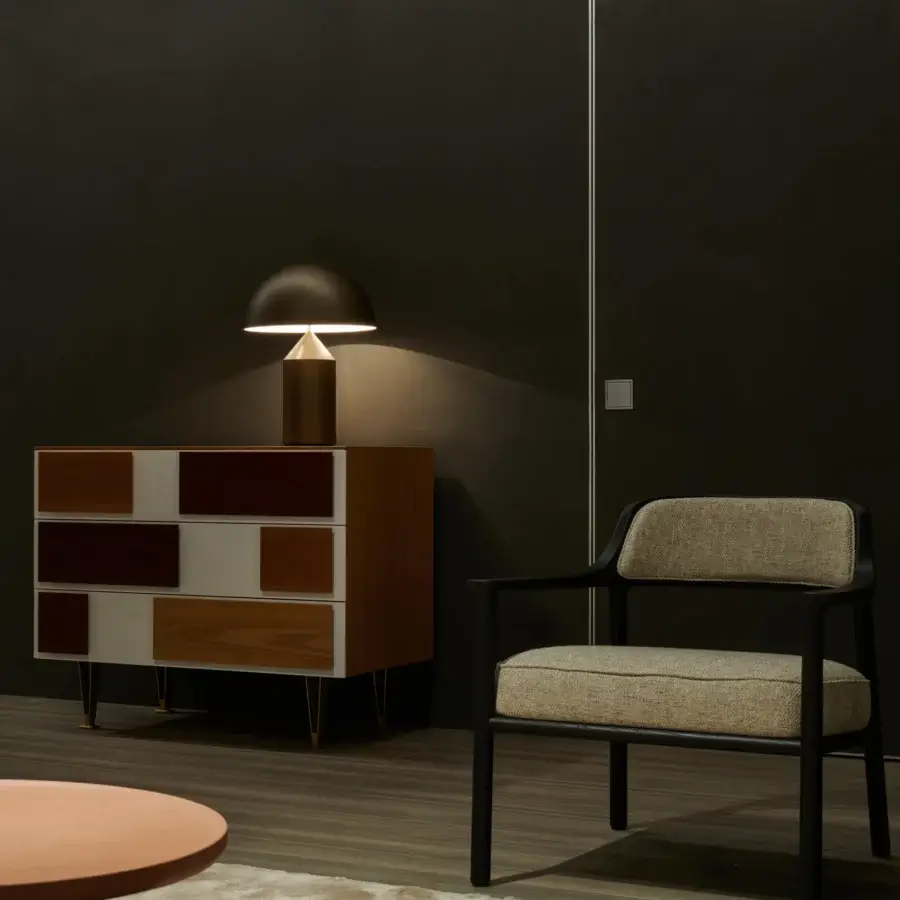 Superior Oluce Atollo Metal Table Lamp crafted in warm beige with a glossy metal finish and organically rounded silhouette