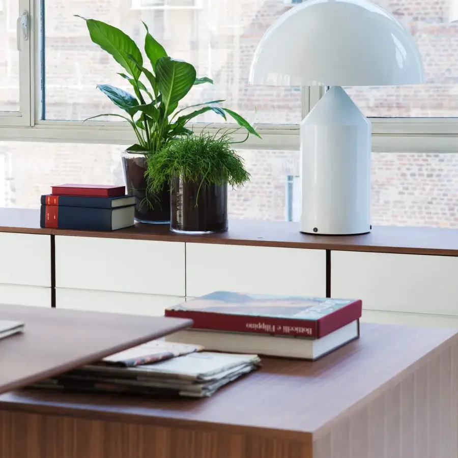Distinguished Oluce Atollo Metal Table Lamp crafted in polished metal with a warm neutral white finish