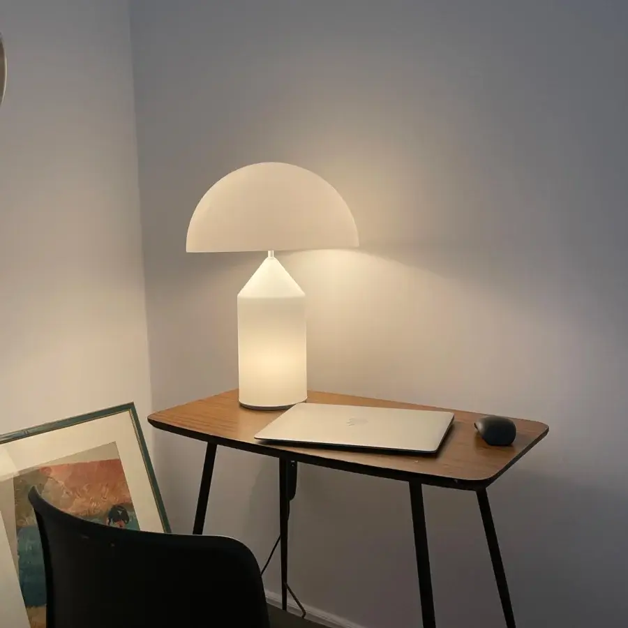 Superior Oluce Atollo Glass Lamp crafted in translucent white glass with a satin metal cylindrical base