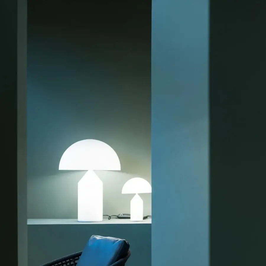 Distinguished Oluce Atollo Glass Lamp crafted in white translucent glass with a satin cylindrical metal base