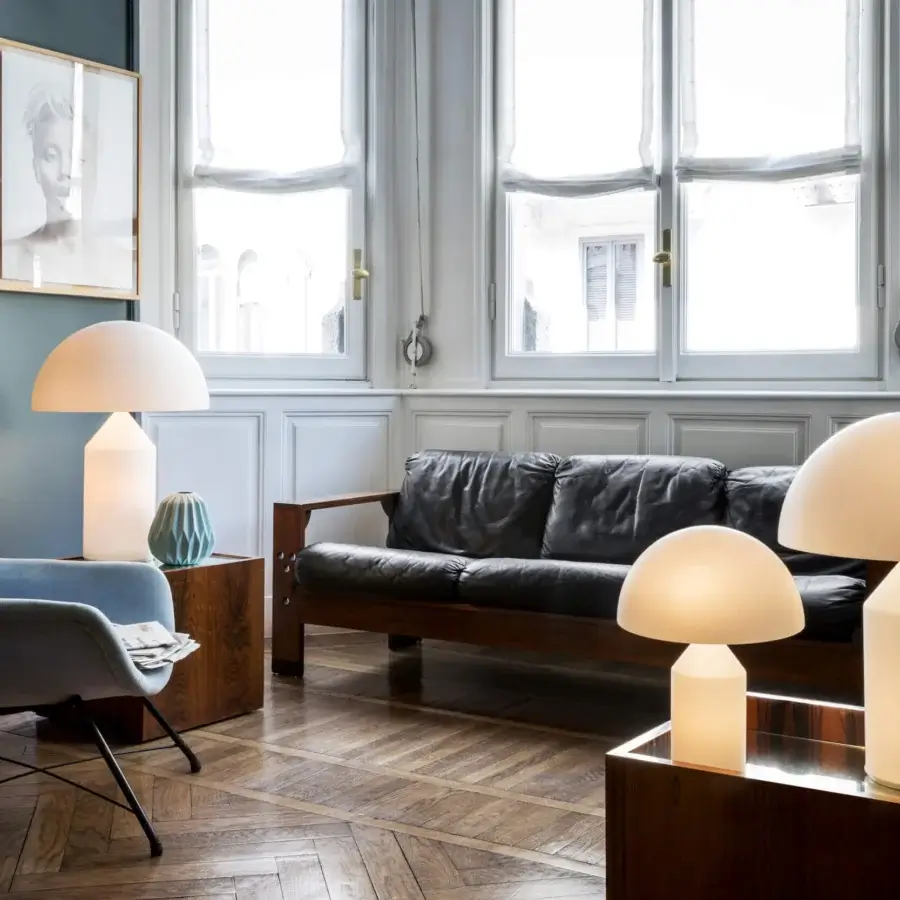 Elegant Oluce Atollo Glass Lamp crafted in white opaque metal with a translucent glass shade and satin finish