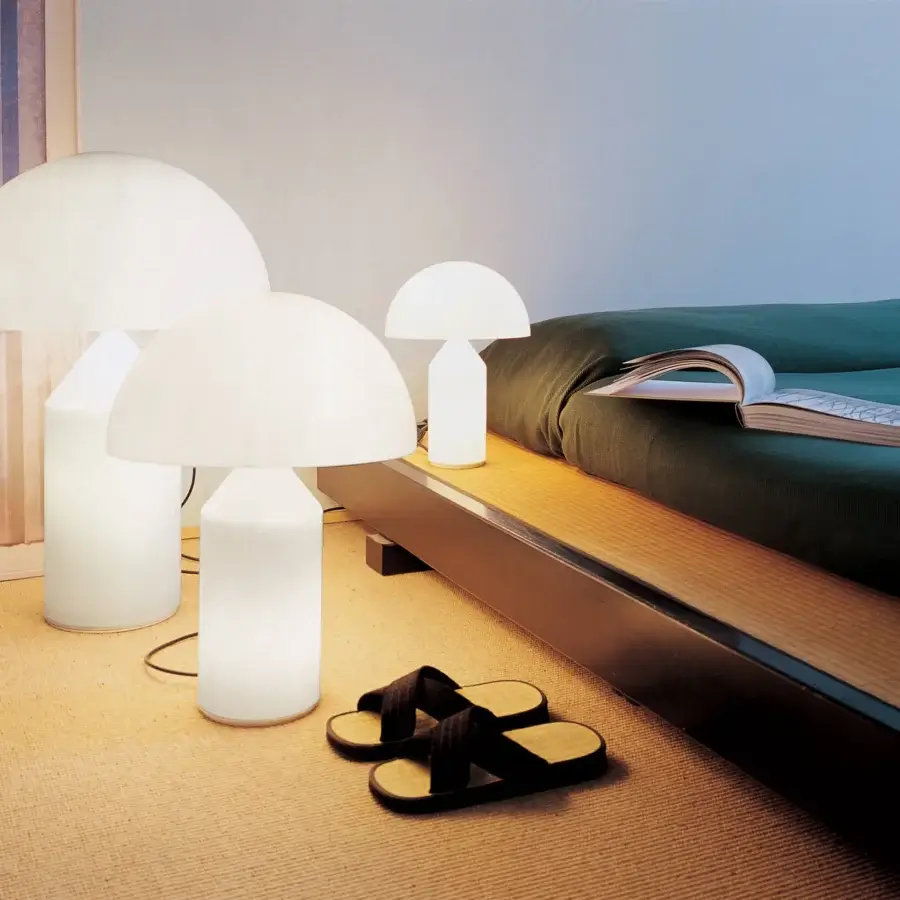 Exceptional Oluce Atollo Glass lamp crafted in white metal with a satin finish and translucent glass shade