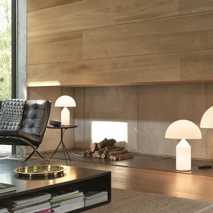 Superior Oluce Atollo Glass lamp crafted in creamy white opaque glass with a satin finish and polished metallic accent