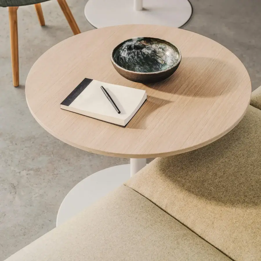 Exceptional Lapalma Brio Bistrot table with neutral wood tabletop and white metal base crafted in a linen fabric pattern finish