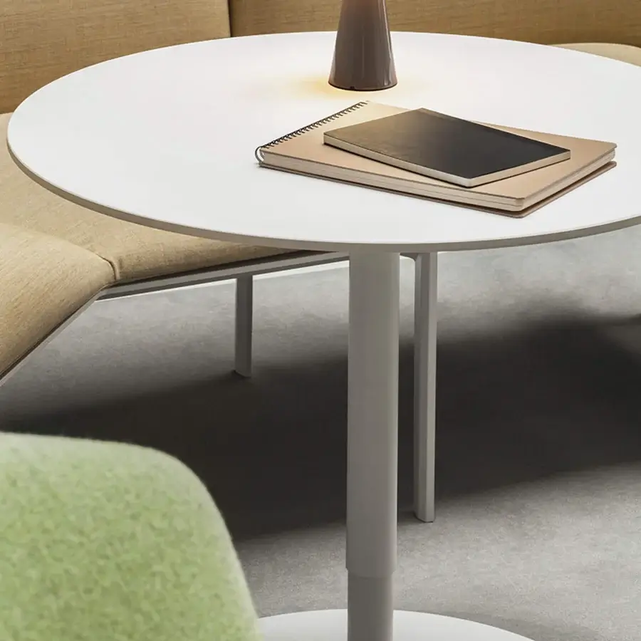 Elegant Lapalma Brio Bistrot table with matte white top and unique linen fabric pattern stainless steel base crafted with a mat chromed column