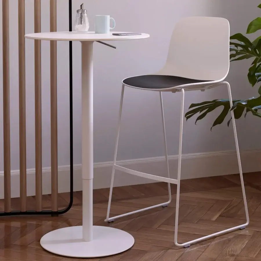 Meticulous Lapalma Brio Bistrot table with white top and pedestal base crafted in linen fabric pattern stainless steel with mat chromed column