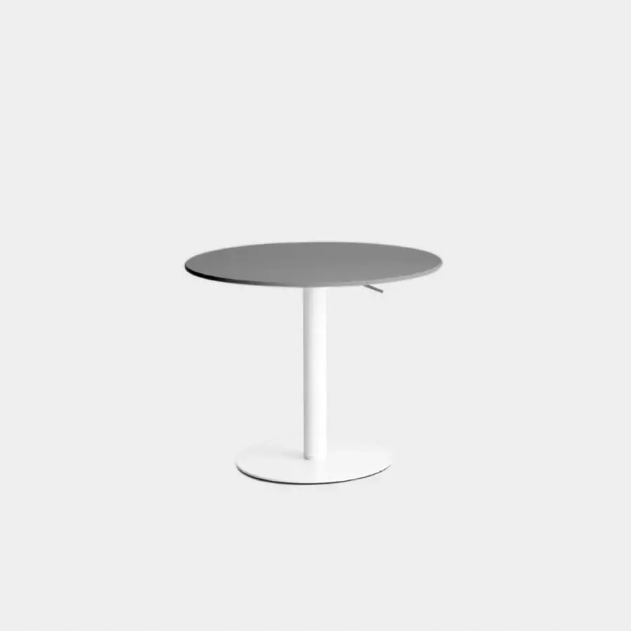 Distinguished Lapalma Brio Bistrot table crafted with a matte dark gray top and mat chromed cylindrical base in a linen fabric pattern