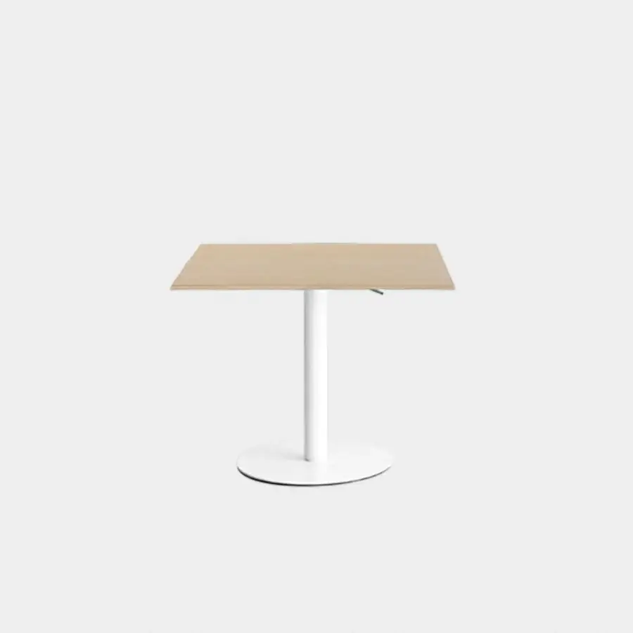 Exceptional Lapalma Brio Bistrot table with a light beige wood top and mat white powder-coated base exhibiting a linen fabric pattern