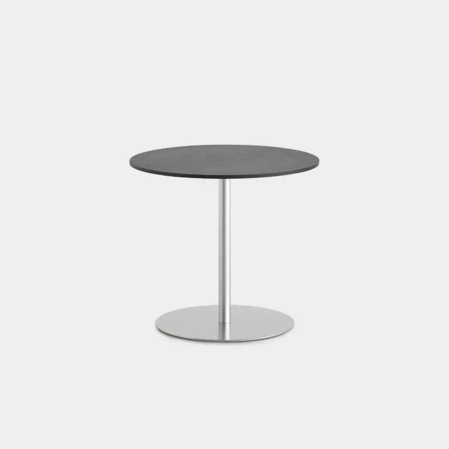 Exceptional Lapalma Brio Bistrot table with a round dark top and mat chromed cylindrical column built with a linen fabric stainless steel base
