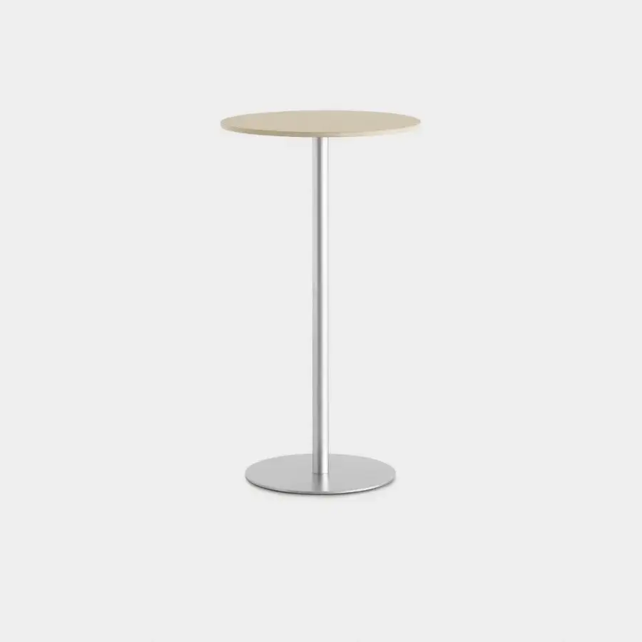 Distinguished Lapalma Brio Bistrot table built with a natural wood tone tabletop and mat chromed column with linen fabric patterned stainless steel base