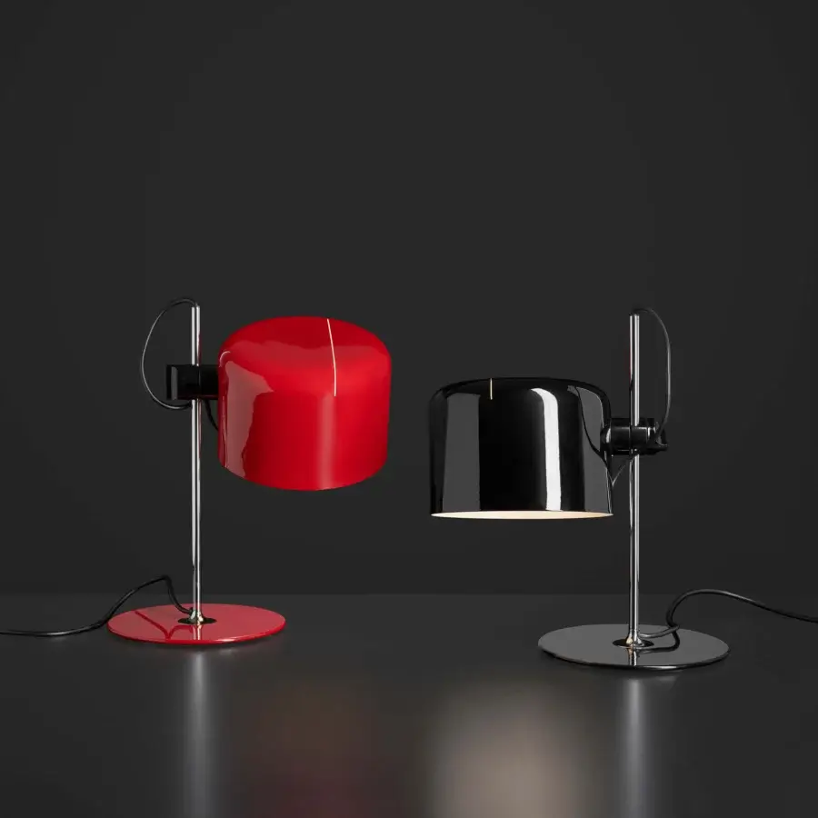 Exclusive Oluce Coupé & Mini Coupé lamp with red and black semi-cylindrical shades plus polished metal support and glossy finish